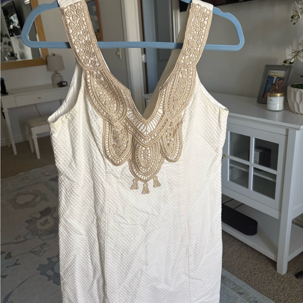 Elegant White Dress with Tan Embroidery